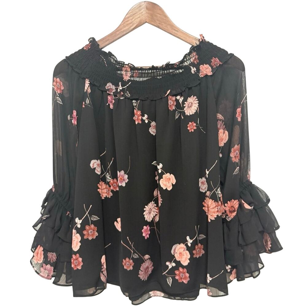 CeCe Womens M Black Floral Chiffon Blouse Smocked Neck Ruffle Bell Sleeve